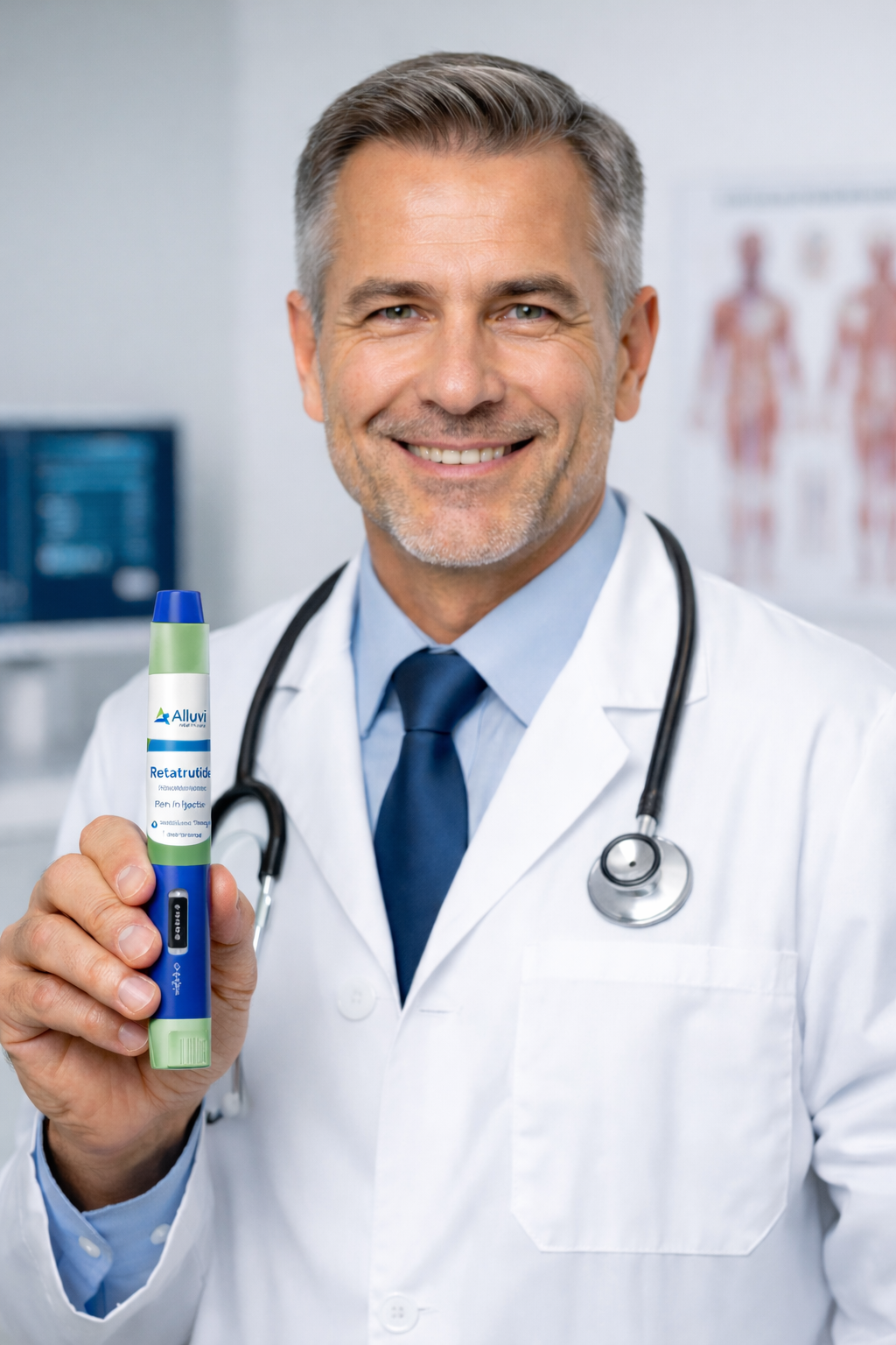 Alluvii Retatrutide peptide injection pen held by clinician for weight loss therapy